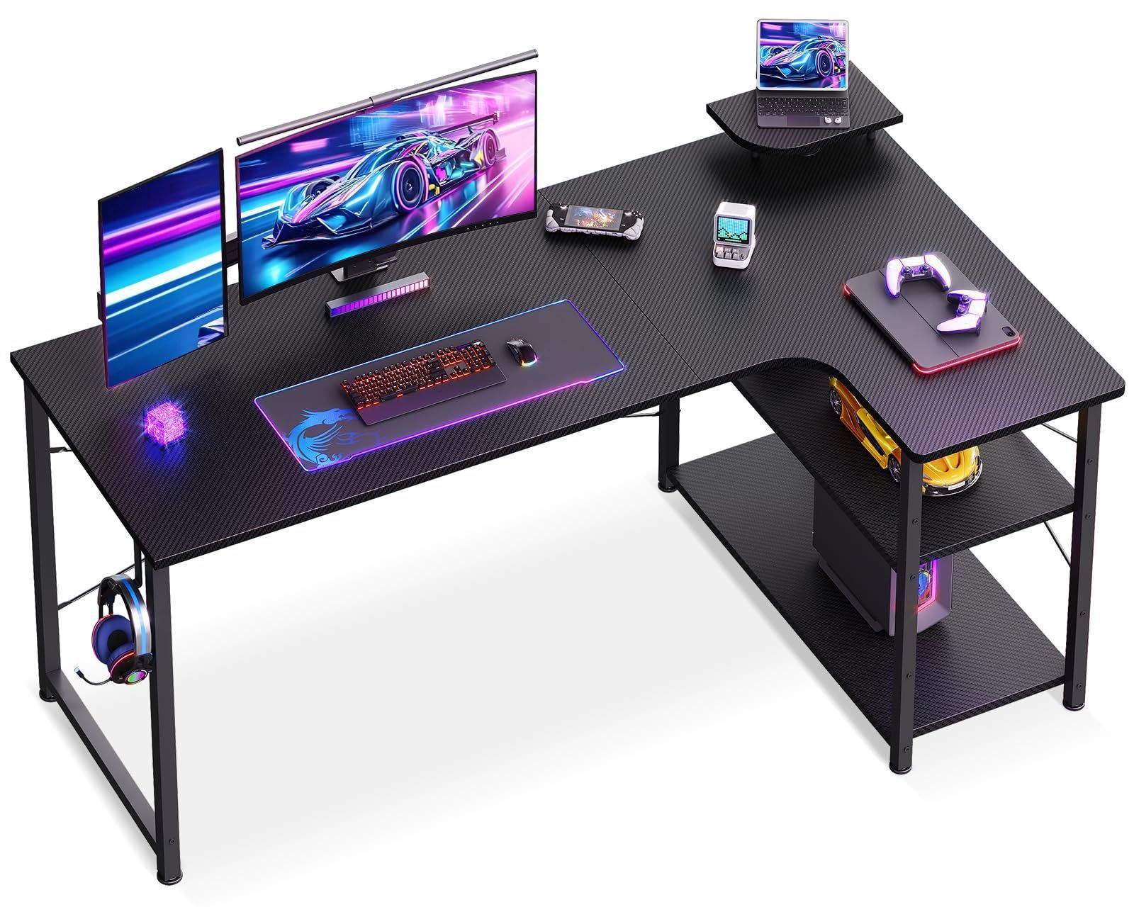 数量 pcデスク desk 棚付き 机 オフィス 勉強机 l字デスク ワーク 幅150 在宅勤務 ?子 パソコンデスク 作業机 L字型 ゲーミングデスク 組立簡単 右棚 AODK カーボンブラック