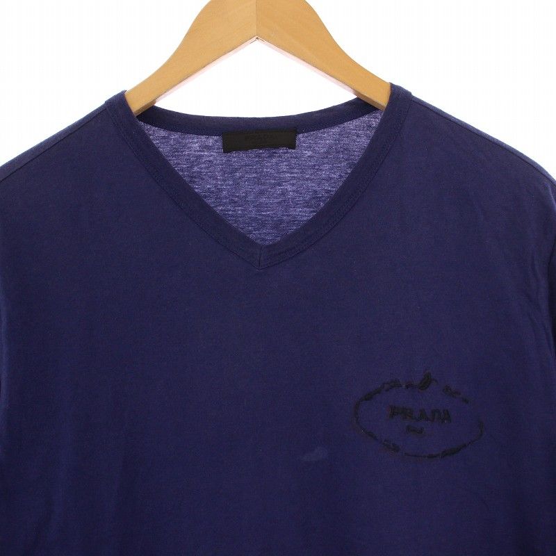 プラダ PRADA Tシャツ カットソー 半袖 Vネック ロゴ刺繍 L 紺