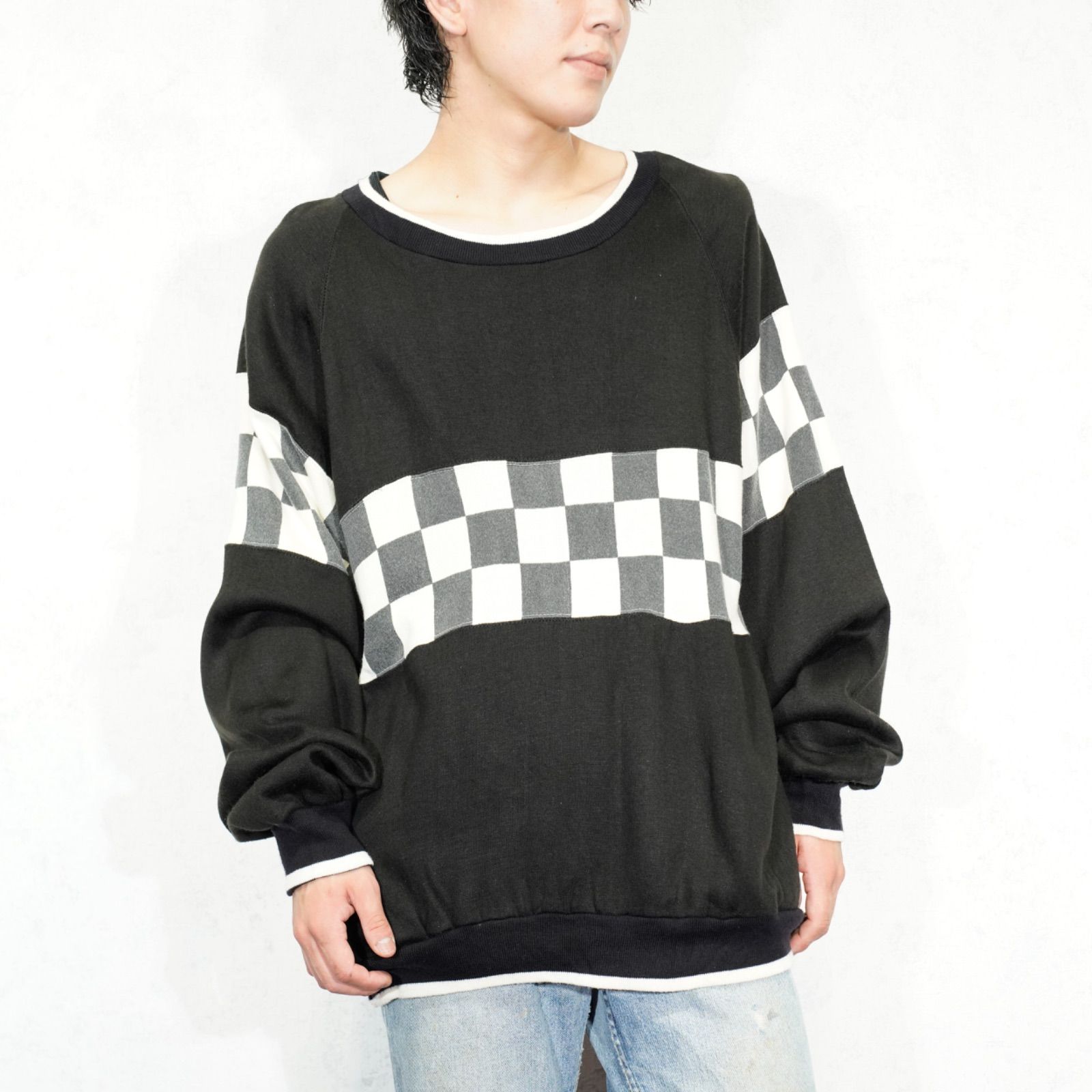 USA VINTAGE PRIORITY MALE CHECKER FLAG DESIGN SWEAT SHIRT/アメリカ古着チェッカーフラッグデザインスウェット