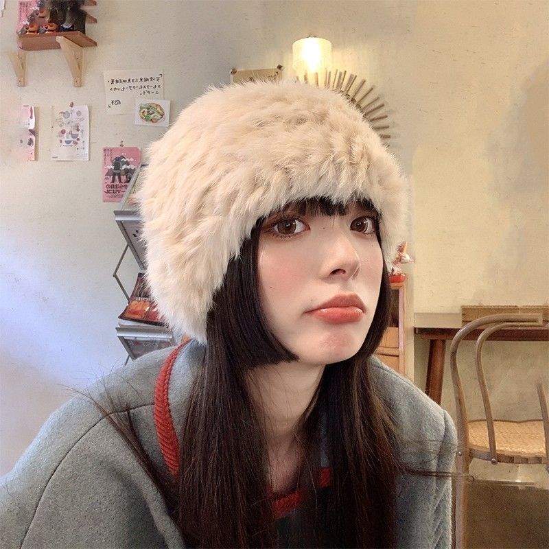 美品【カシラ】ふわふわ ラビット リアル ファー 編み上げ ニット帽 ベージュ 美品【カシラ】ふわふわ ラビット リアル ファー 編み上げ
