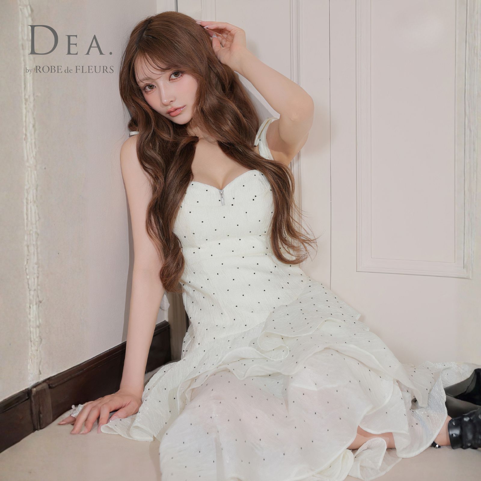 DEA. by ROBE de FLEURS ディアバイローブドフルール ミニドレス DE4304 ドットフリルティアードフ ロングキャバドレス White