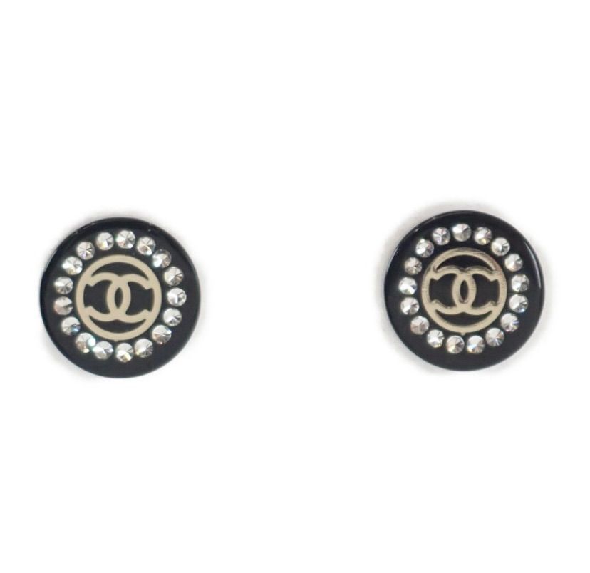 中古】CHANEL CC ラウンド 17A ピアス ラインストーン ブラック 