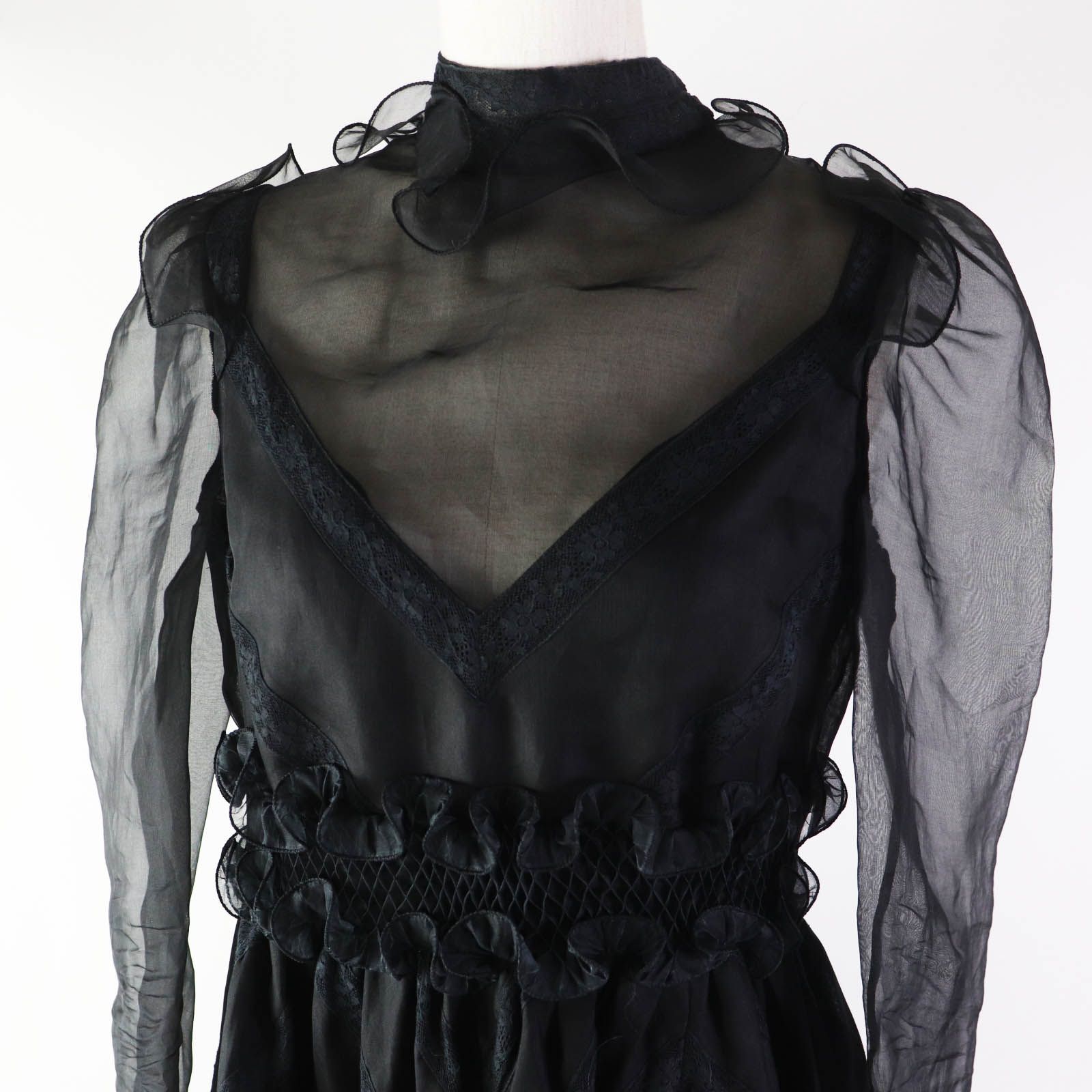 ◎VALENTINO ヴァレンティノ シルク100％ シースルー長袖 超ロング丈 フ ドレス ワンピース ブラック 40 イタリア製 正規品 レディース