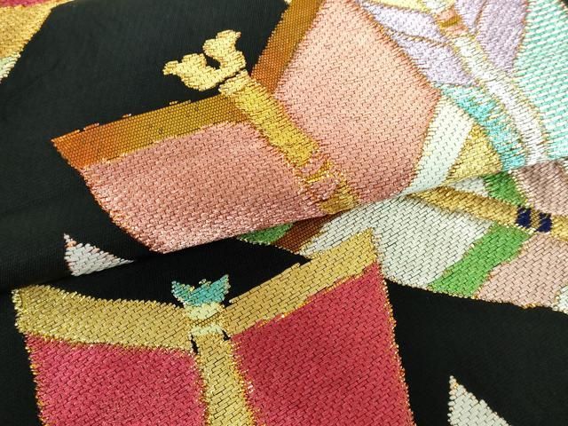 平和屋本店□極上 西陣 環美術織物 六通柄 本袋帯 源平矢羽根文 黒地  