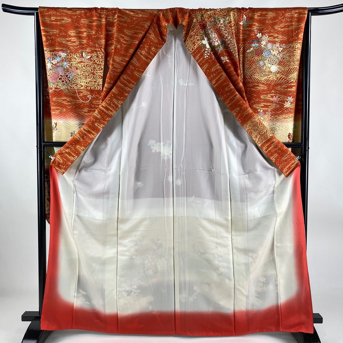 振袖 身丈167cm 裄丈66.5cm M 袷 花籠 花筏 金糸 金彩 茜色 正絹 名品  