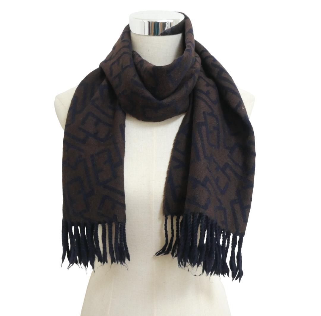 FENDI フェンディ ズッカ柄 フリンジ付マフラー ショール ストール FENDI（フェンディ） 美品 ズッカ柄 シルク フリンジ ストール