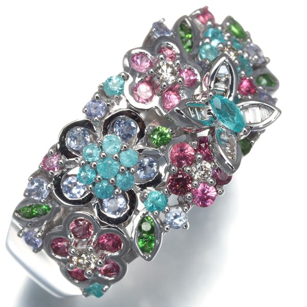 K18WG 天然パライバトルマリン&デマントイドガーネット&ダイヤリング