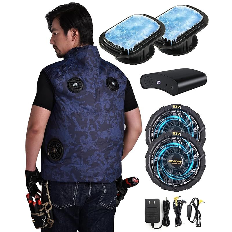 MIDIAN ペルチェ冷却服 2025業界独創 2つ冷却器と扇風機付き 32V超高出力 20000mAh大容量バッテリー ペルチェ素子冷却技術 最大-25℃冷やす フルハーネス安全帯対応 冷感服 現場 外仕事 暑さ対策 男女兼用 1