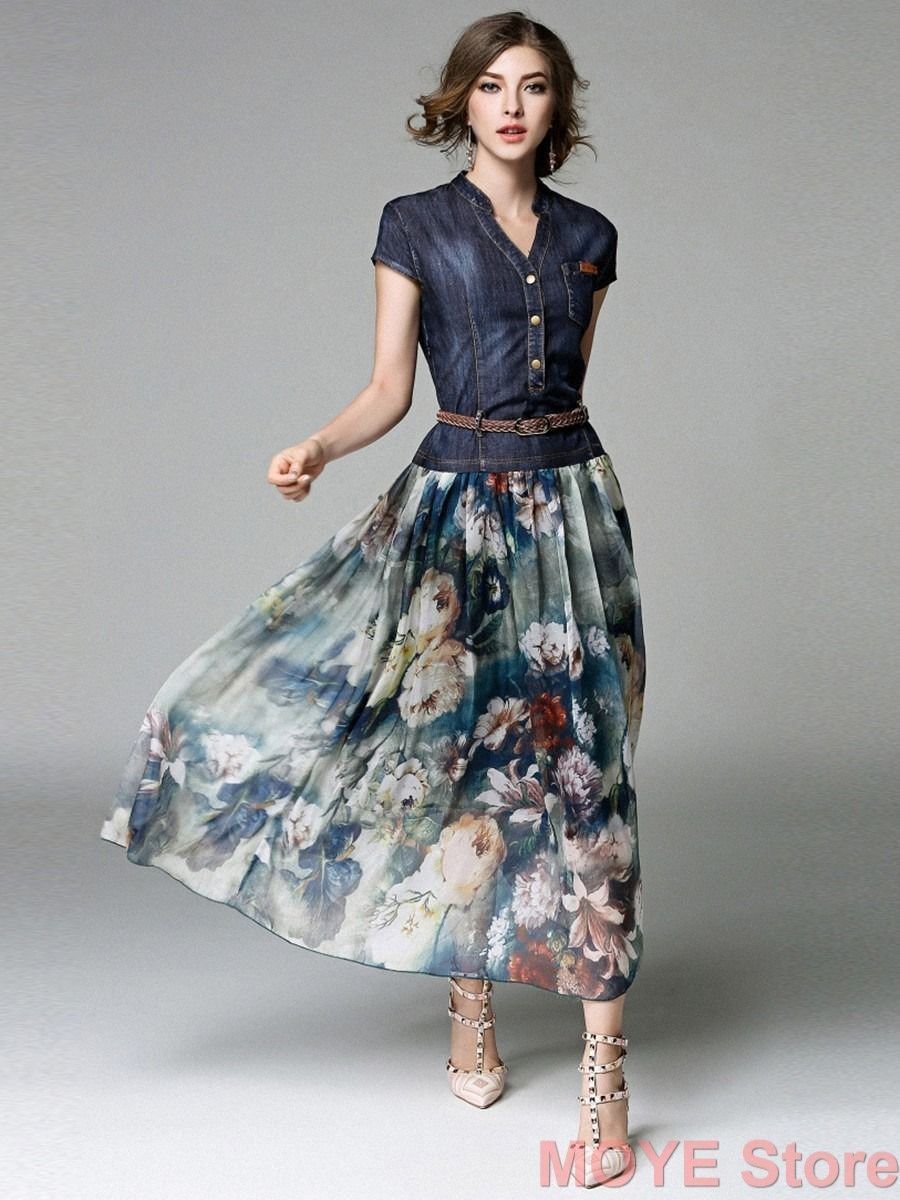 ワンピース デニム Aライン エレガント ミモレ丈 シフォン ワンピース デニム 花柄 半袖 夏 お洒落 Aライン シフォン