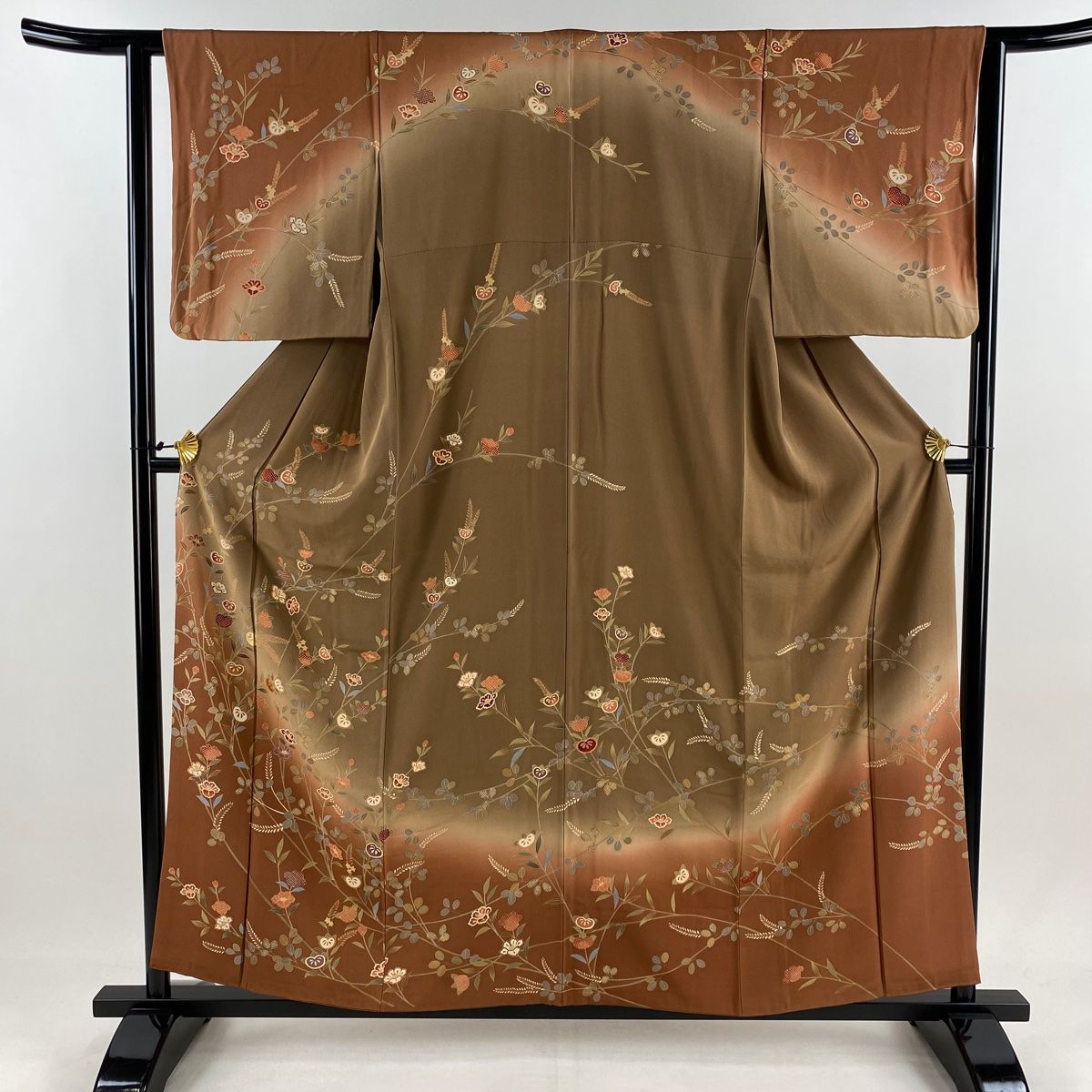 訪問着 身丈156.5cm 裄丈62cm S 袷 橘 草花 金糸 染め分け 茶色 正絹 秀品