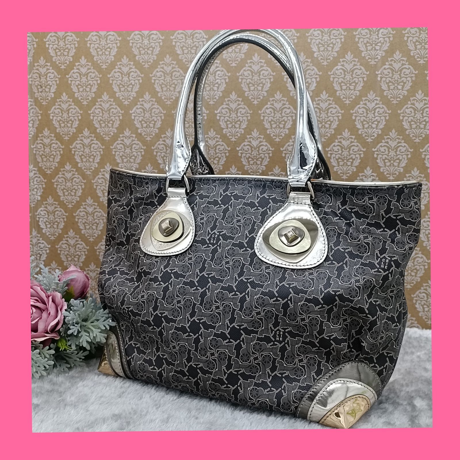 CELINE セリーヌ PVC トートバッグ サルキー柄 メタリック グレー CELINE セリーヌ PVC トートバッグ サルキー柄 メタリック グレー 楽天