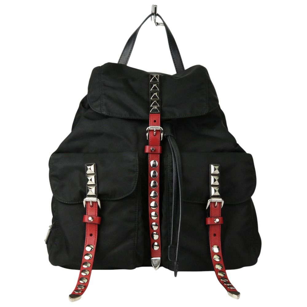 PRADA プラダ スタッズ ナイロン バックパック リュックサック トライアングルロゴ 1BZ811 2BYB F0D9A NERO FUOCO ブラック レディース 古着