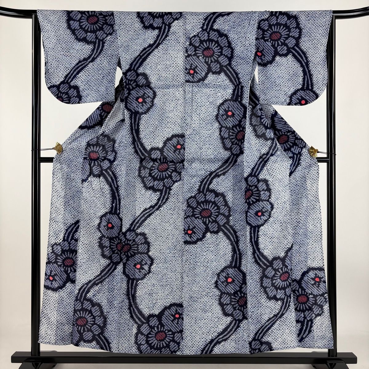 浴衣 身丈155cm 裄丈62.5cm S 絞り浴衣 草花 紺色 綿 名品