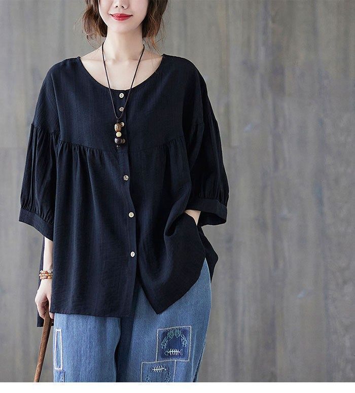 チュニック 大人 夏 五分袖 チュニック シャツ ブラウス 綿麻風 ボリューム袖 カットソー チュニック 大きいサイズ ゆったり 体型カバー Aライン フ チュニックワンピース 無地 トップス 大人 xxyz01
