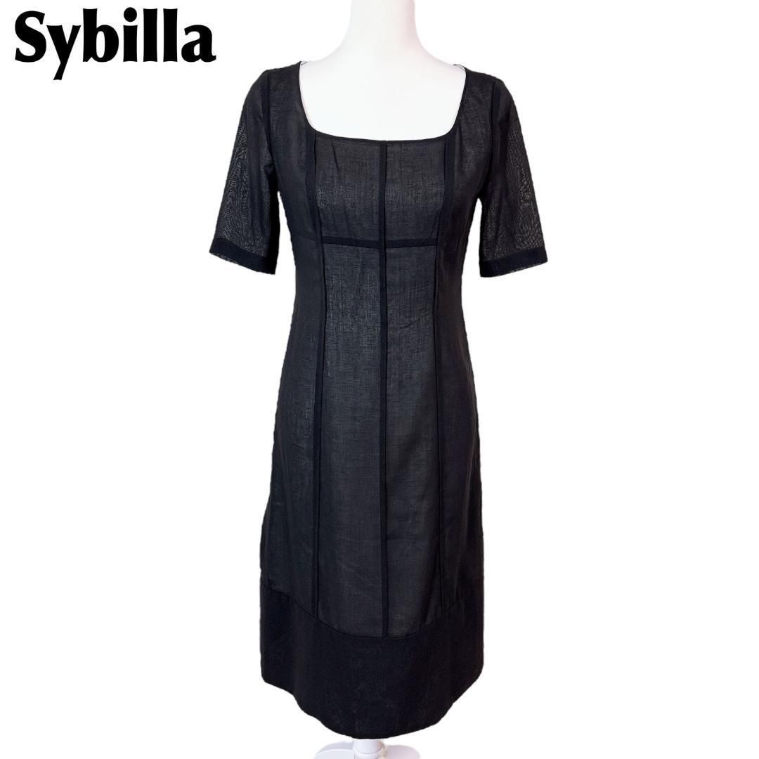 シビラ 半袖ロングワンピース シアー Ｕネック 無地 ブラック