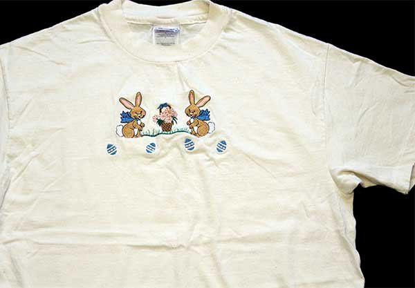 90s USA製 Hanes うさぎ フラワー 刺繍 コットンTシャツ 生成り