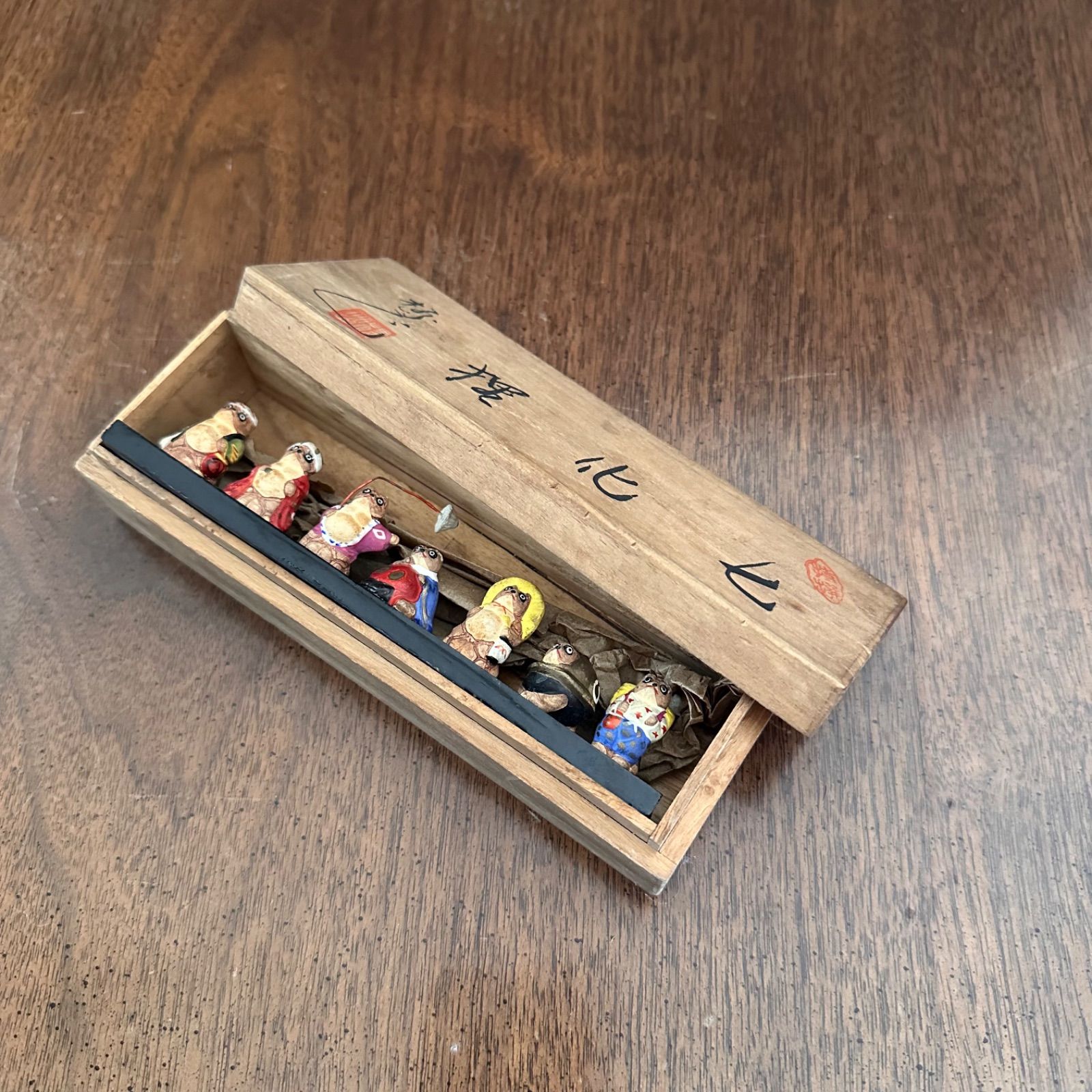 昭和の土産物/置き物 【当時物】【レア商品】 共箱付き 化け狸 七化狸 置物 昭和 ヴィンテージ レトロ ミニ