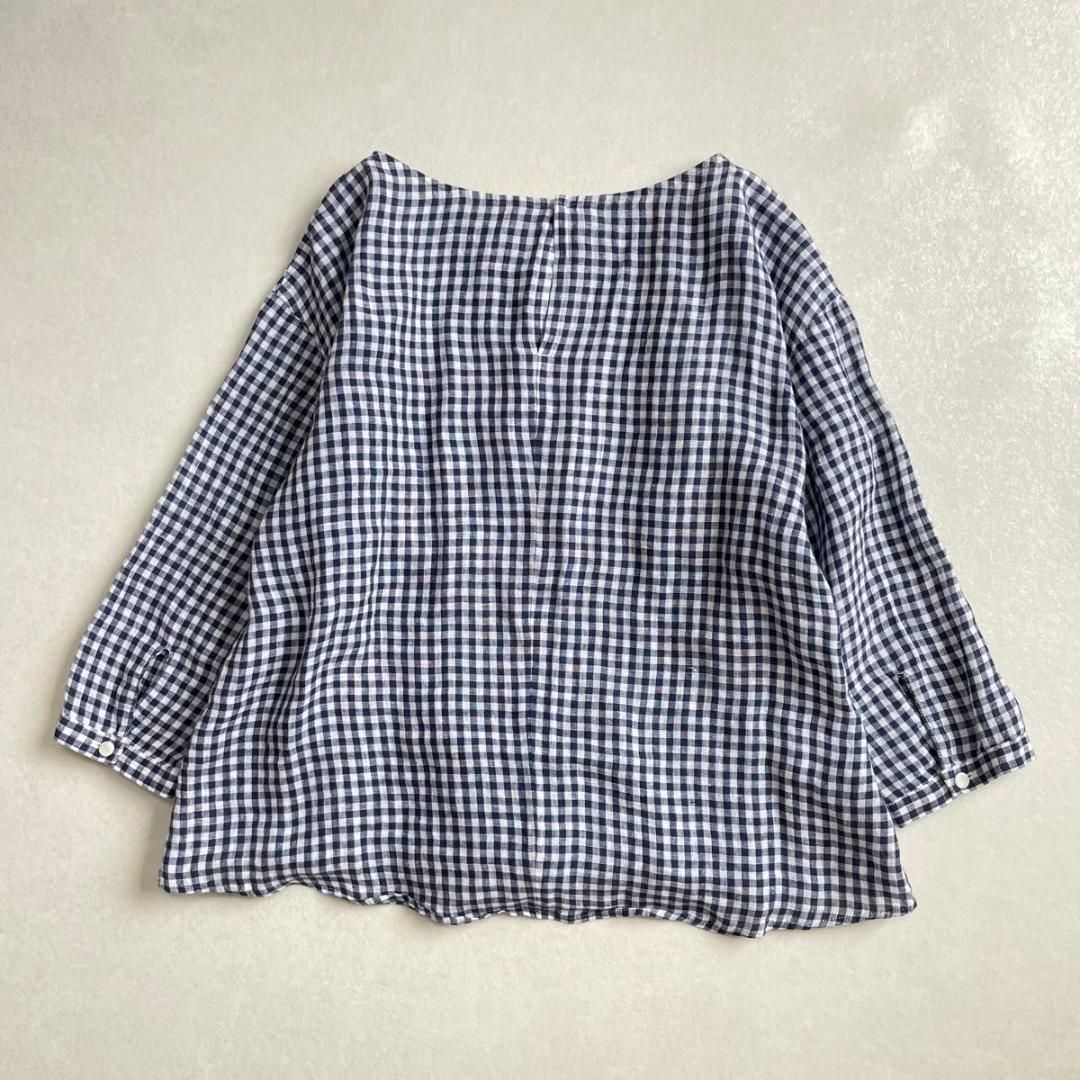 美品 23区 リベコ 麻100 ギンガムチェック ウエストギャザーブラウス 