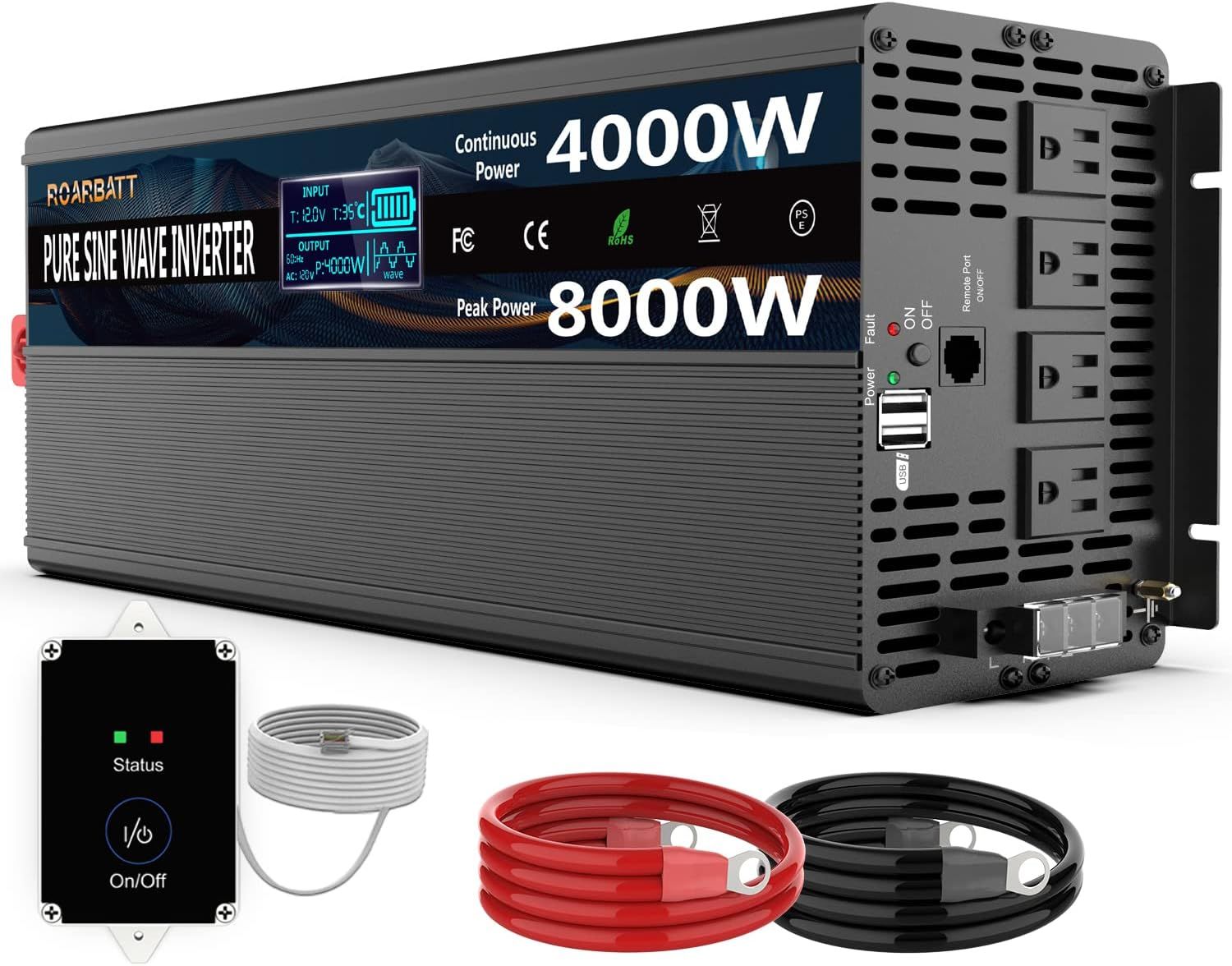 ROARBATT 純正正弦波パワーインバーター 4000ワット 12V DC - AC 110V 120V ピークパワー 8000ワット リモコン付き ACコンセント4個 デュアルUSBポート付き