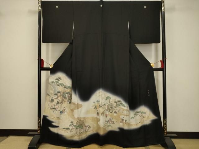 平和屋着物○豪華振袖 雪輪花文 暈し染め 黒地 金彩 仮絵