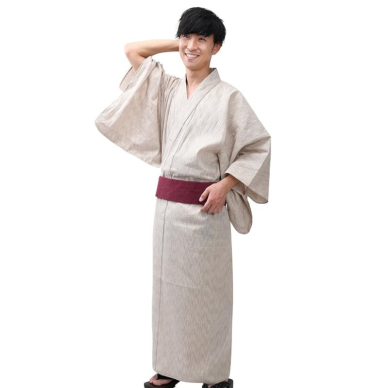 江戸てん メンズ浴衣しじら織り 2点セット 生成り 752 帯ワイン 753 L 0