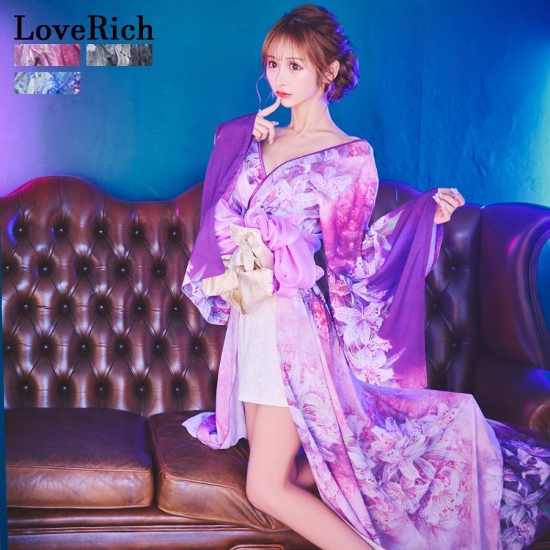 LoveRich ラブリッチ SMLサイズ|3 百合 花柄 レース ロング ミニスカート オフショル 美胸 美脚 豪華 帯 花魁 着物 ドレス コスプレ イベント 1249