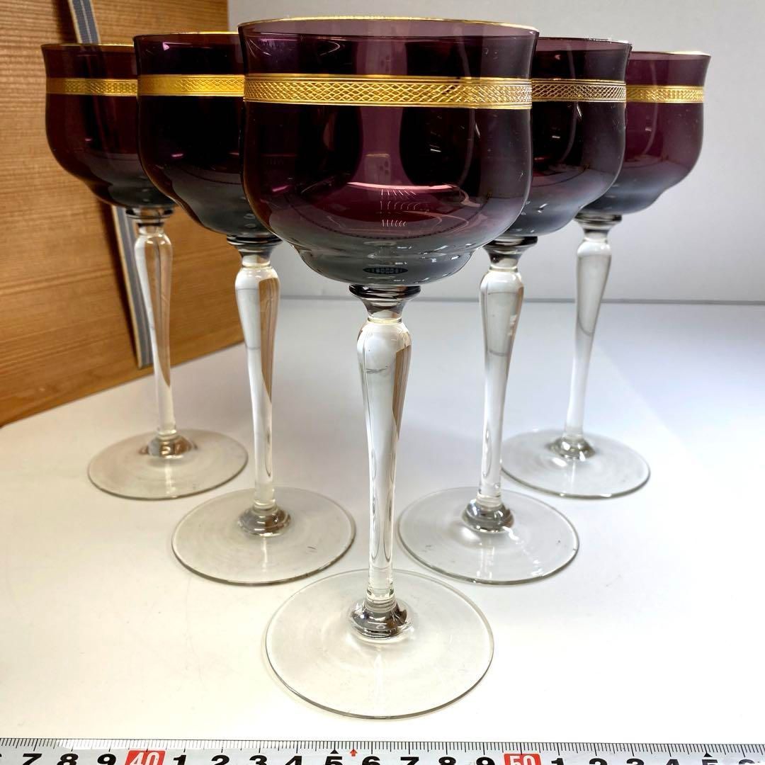モーゼル パープル金彩ワイングラス5客 木 高さ18.3㎝ トトオ