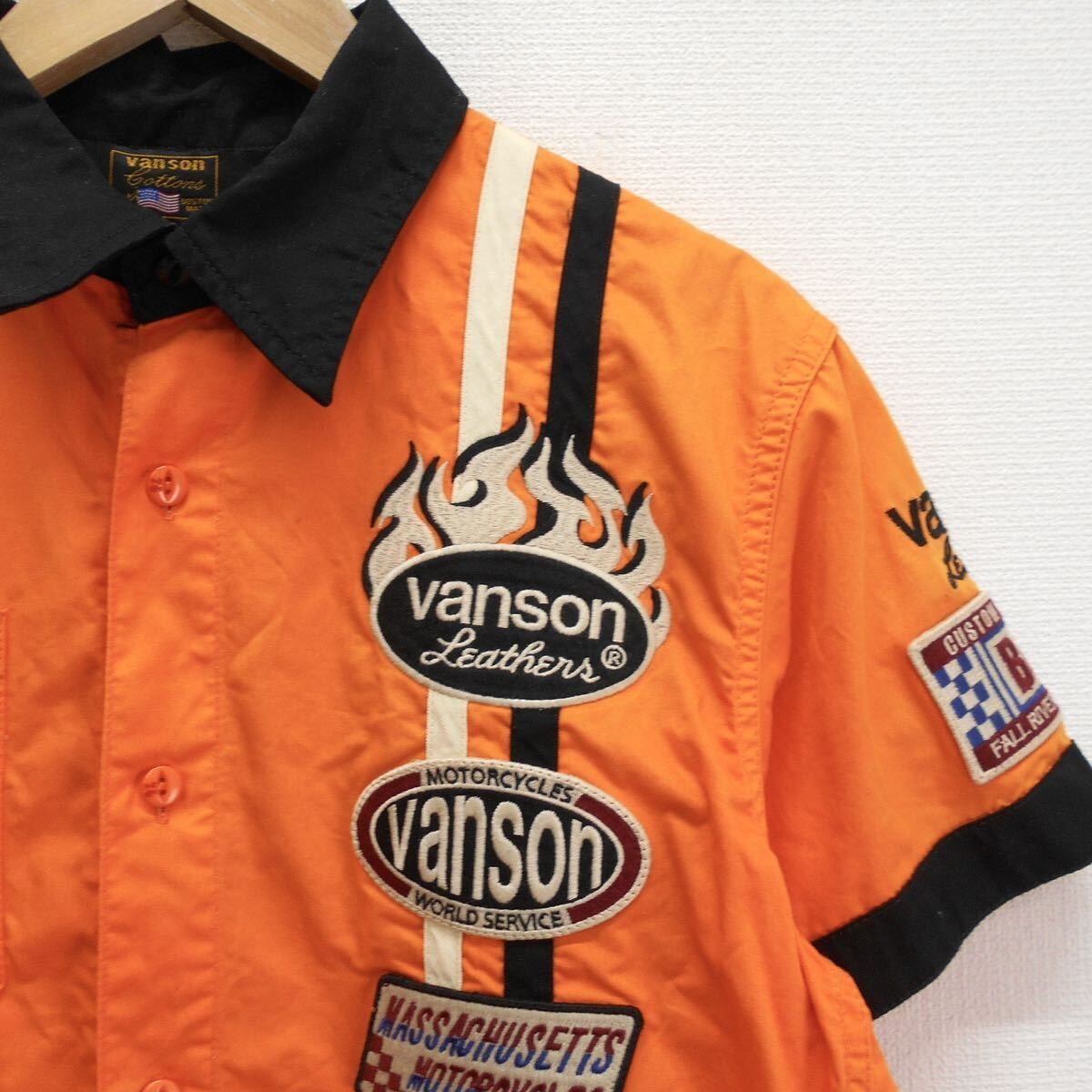 VANSON バンソン 半袖ワークシャツ ツイルレーシングシャツ フライングエンブレム ワッペン 刺繍 M 10116568