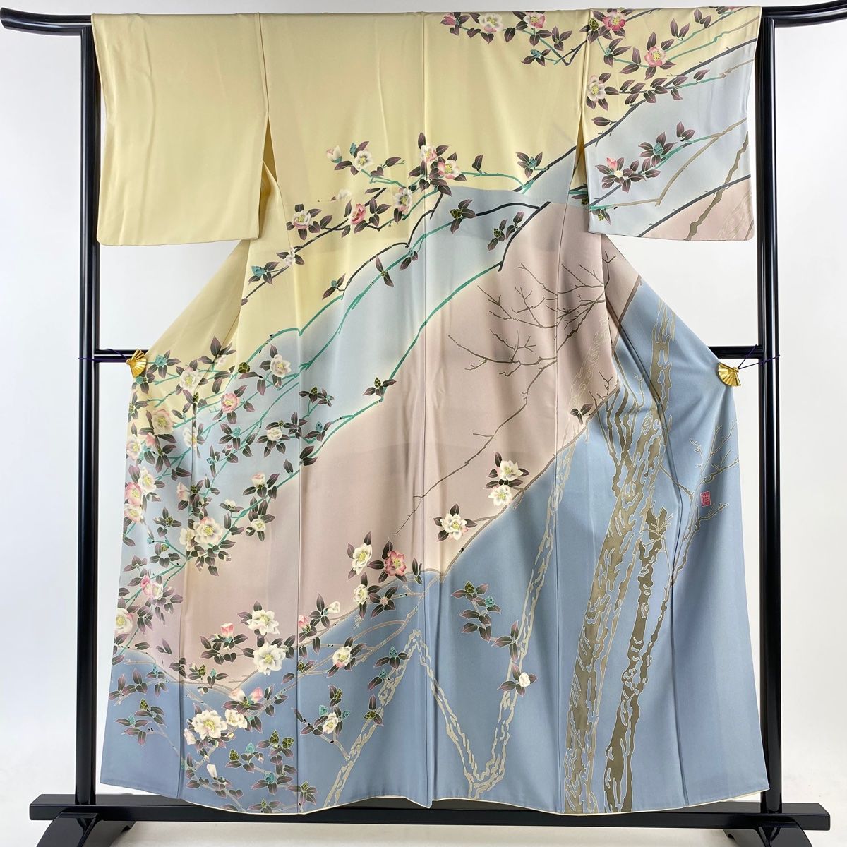 訪問着 身丈156cm 裄丈64cm M 袷 杉浦伸 落款 枝花 染め分け ぼかし  