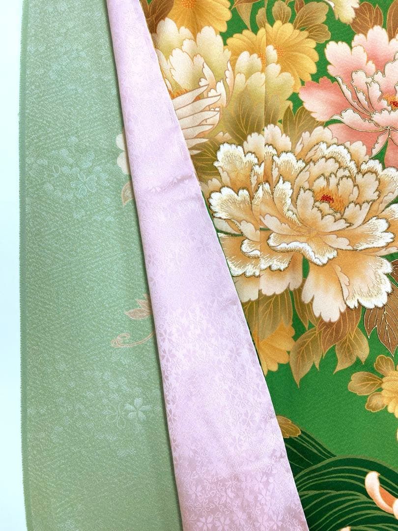 振袖 仮絵羽 刺繍 紋意匠 鶴 芍薬 菊 舞台衣装 正絹 未仕立て品 八掛