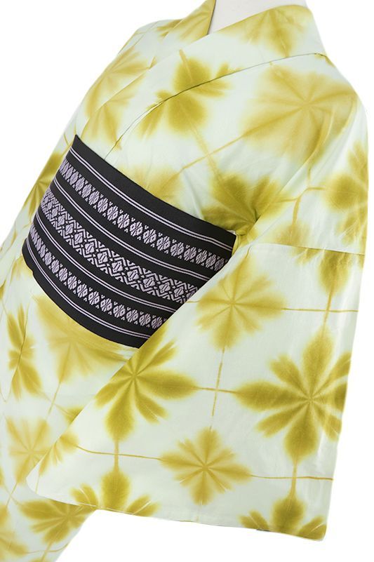 浴衣 板締め絞り レトロ Mサイズ 黄土色 黄色 手絞り 和柄 綿100