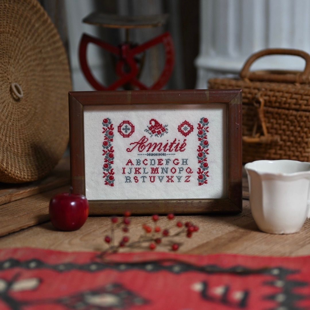 ヴィンテージフレーム「Amitité」ハンドメイド刺繍作品とフランスの古い額縁のセット( アンティーク雑貨 蚤の市 ウォールデコ シャビーシック レトロ アートフレーム 額縁 インテリア雑貨 古道具 クロスステッチ 手芸 店舗什器 ハンドメイド ミニフレーム)