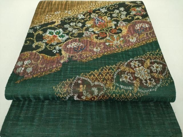 平和屋着物▽西陣 老舗 渡文謹製 手織 すくひ 太鼓柄袋帯 スリー