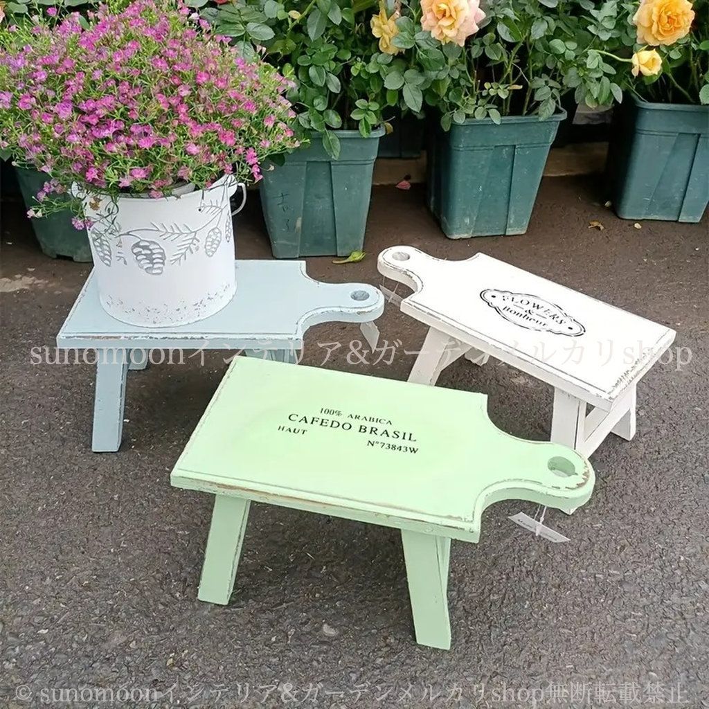 雑貨 プランタースタンド 庭の装飾 木 グリーン シャビーシック インテリア 花台 エレガント お洒落 4-7 シャビー加工 ガーデン雑貨 ヴィンテージ調 カントリー ガーデニング ガーデンインテリア 木製 ホワイト ガーデン おしゃれ