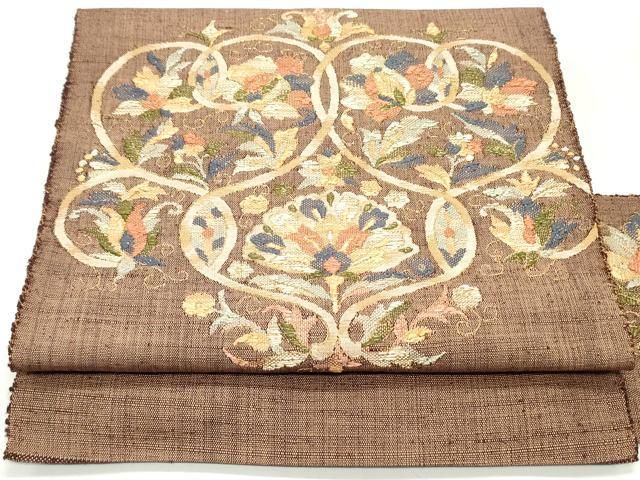 平和屋着物●八寸名古屋帯　紬地　総刺繍　更紗花唐草文　金糸　正絹　逸品　未使用　DAAV9447ob 平和屋着物○八寸名古屋帯 紬地 総刺繍 更紗花唐草文 金糸 正絹 逸品