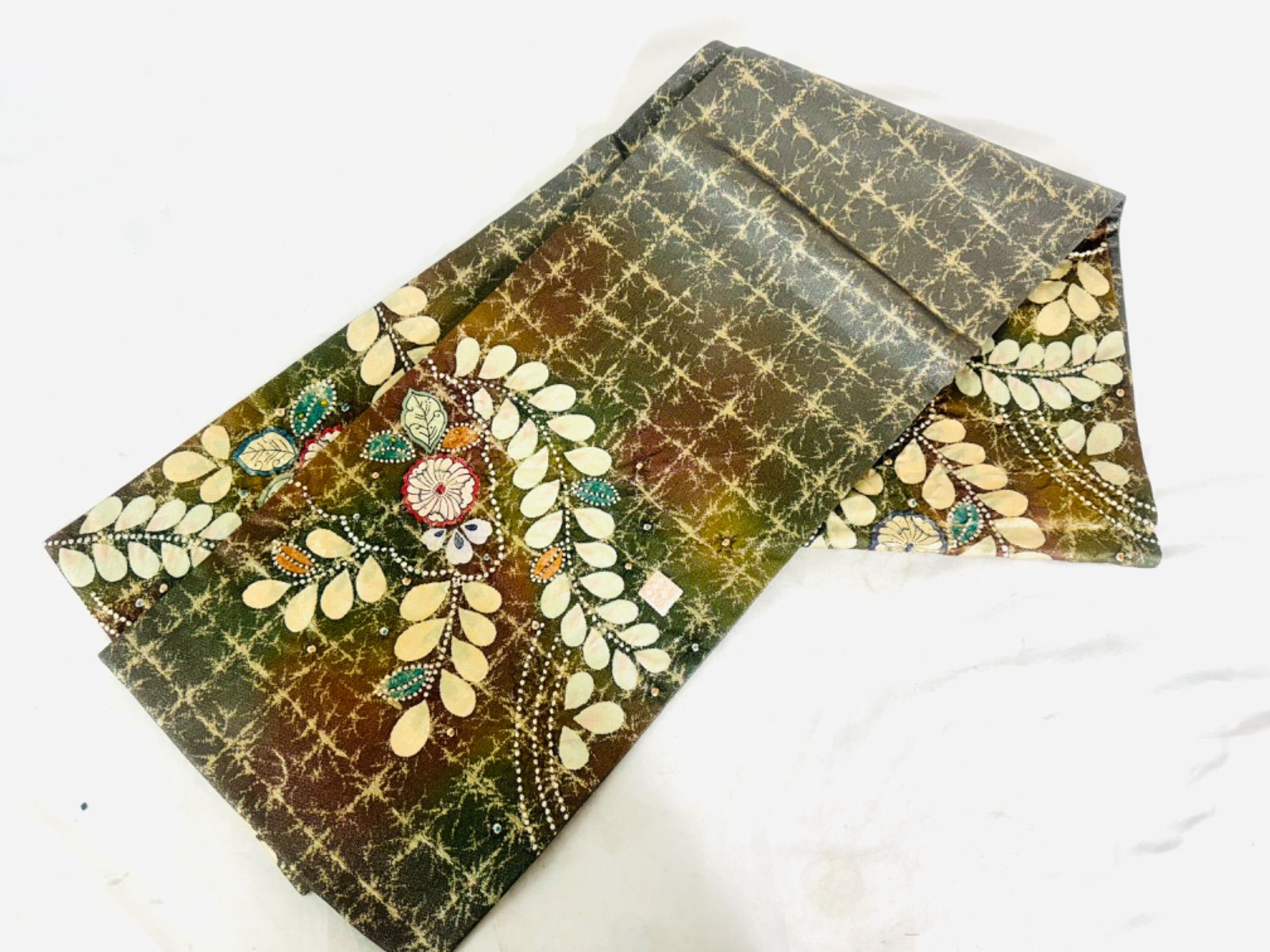 ★週末セール！読谷山花織　九寸帯　草木染紬地　手入れ済み美品　証紙あり ブラックフライデーセール】 【読谷山花織】 手織花織紬九寸名古屋帯