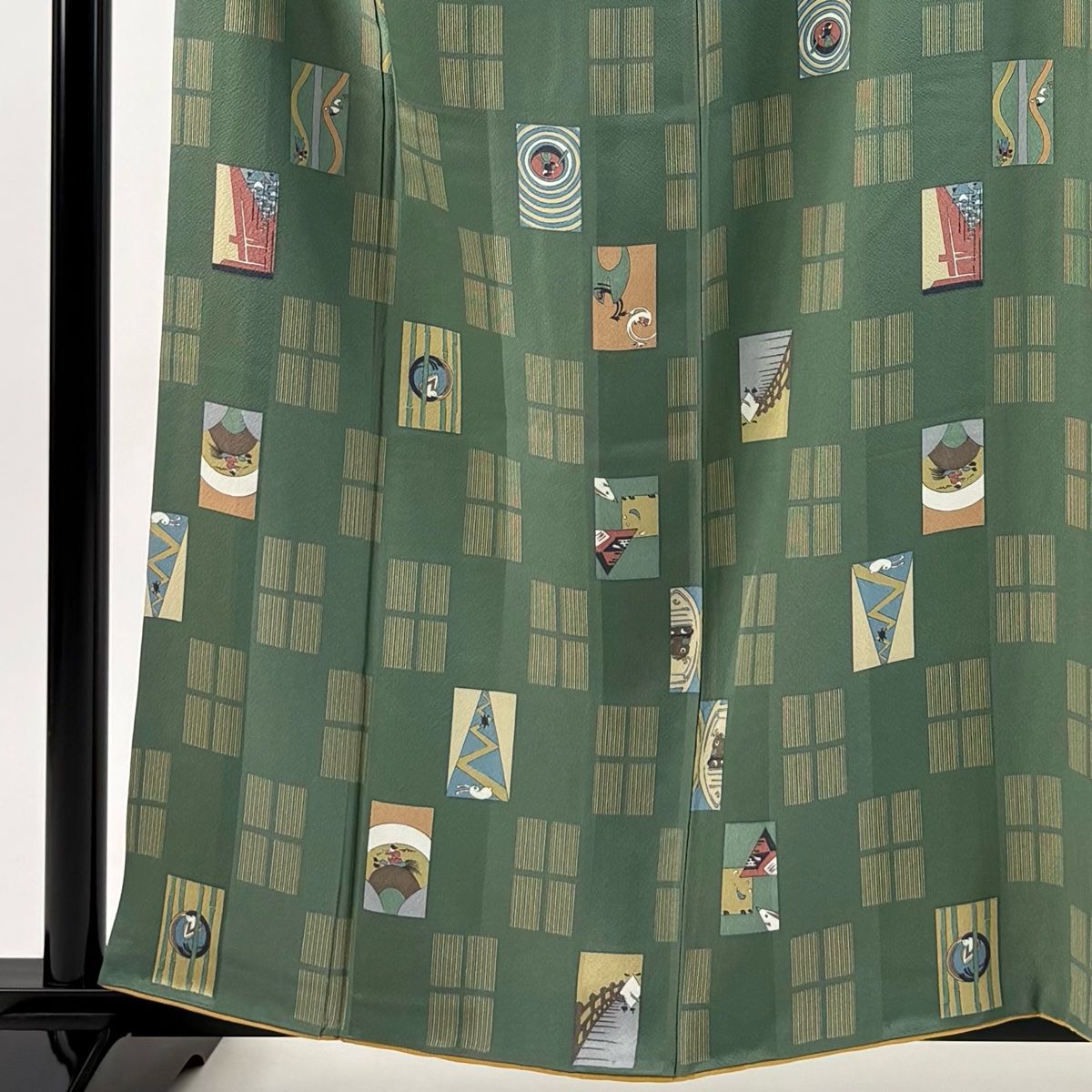 小紋 身丈159cm 裄丈67cm M 袷 昔話 変わり市松 緑 正絹 秀品