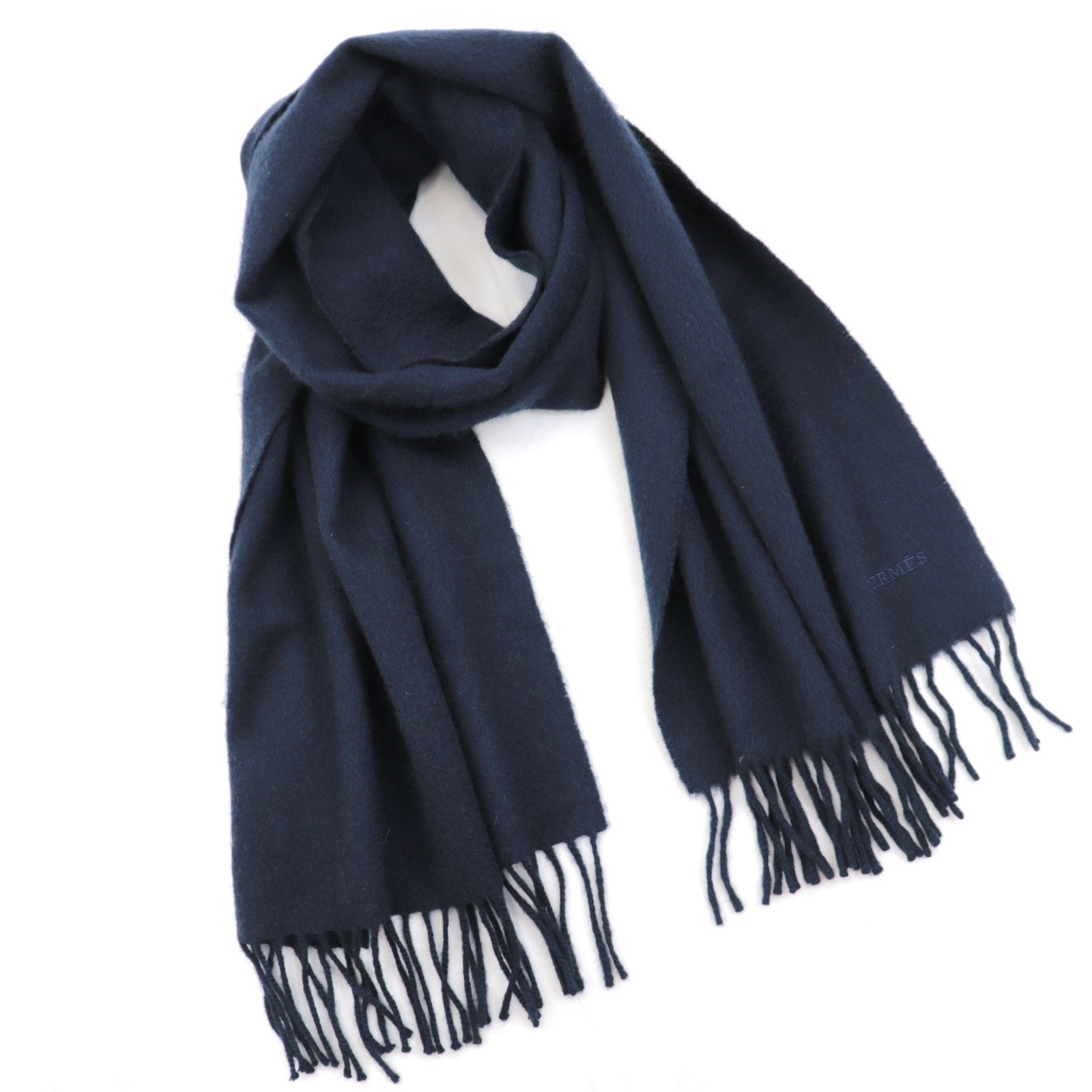 美品 エルメス ロゴ刺繍 マフラー ネイビー カシミヤ フリンジ HERMES  