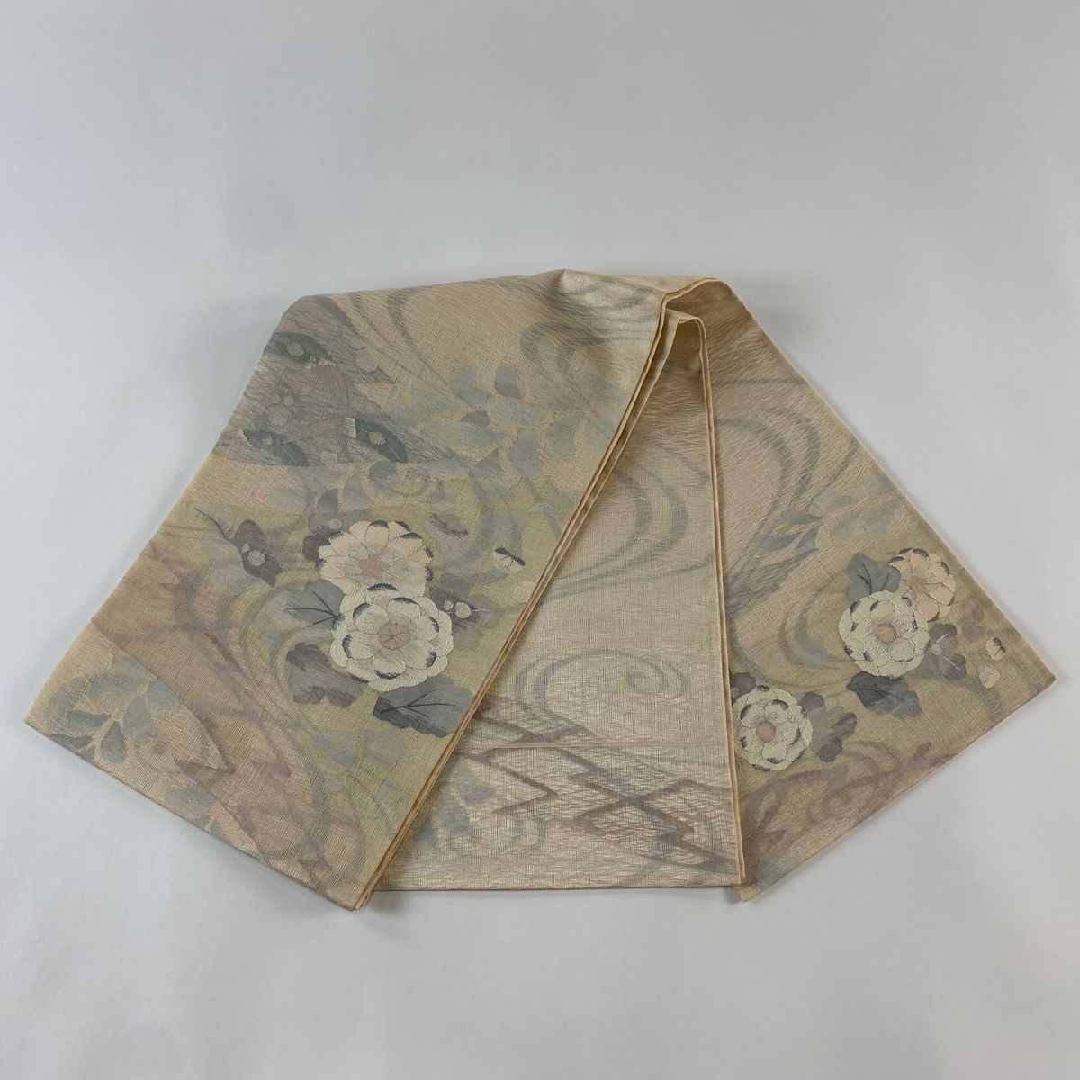 袋帯 美品 秀品 夏帯 紗 縞 花 箔 ベージュ 全通 正絹 【中古】 袋帯 