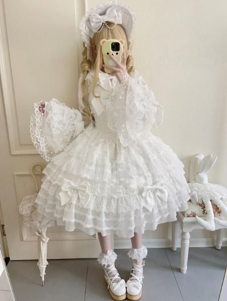 ロリータドレス JSK吊りスカート 多層レース＆リボン装飾 ドール風 甘ロリ ロリータドレス JSK吊りスカート 多層レース＆リボン装飾 ドール