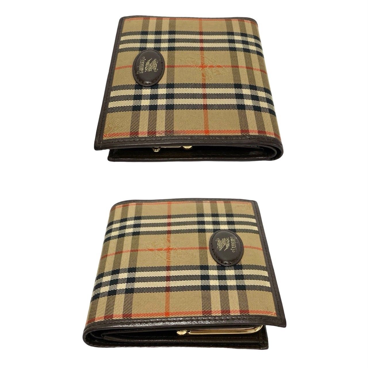 未使用　BURBERRY キャンバス×レザー　がま口二つ折り財布　箱付き 極 美品 バーバリーズ ノバチェック キャンバス レザー がま口