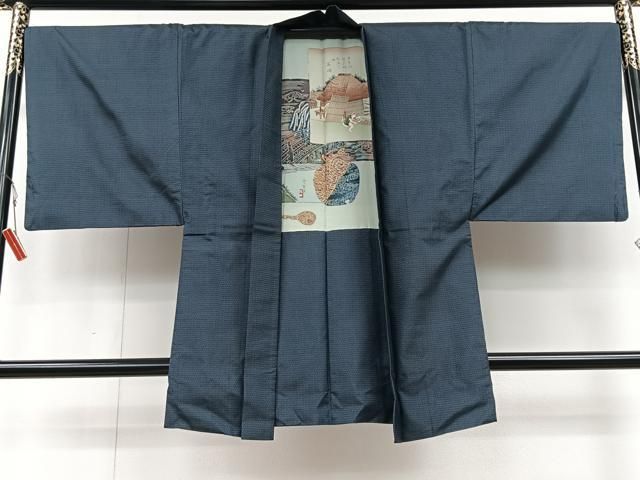 正絹 逸品 長羽織 紬 平和屋着物○男性 日本購入 CABD0326ut 青藍色