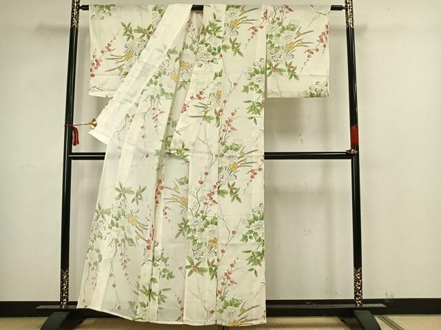 平和屋着物＊夏物 付下げ 反物 着尺 駒絽 草花文 ドロンワーク 伊