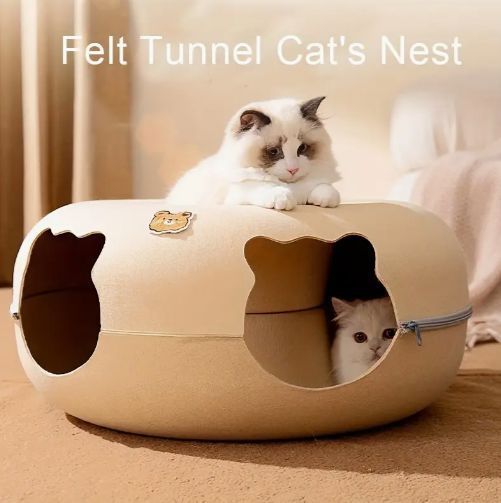 1 トンネル キャット ネスト ドーナツ型半密閉ジッパー付きキャット ネスト キャット シェルター オールシーズン ユニバーサル フェルト 取り外し なキャット ベッド