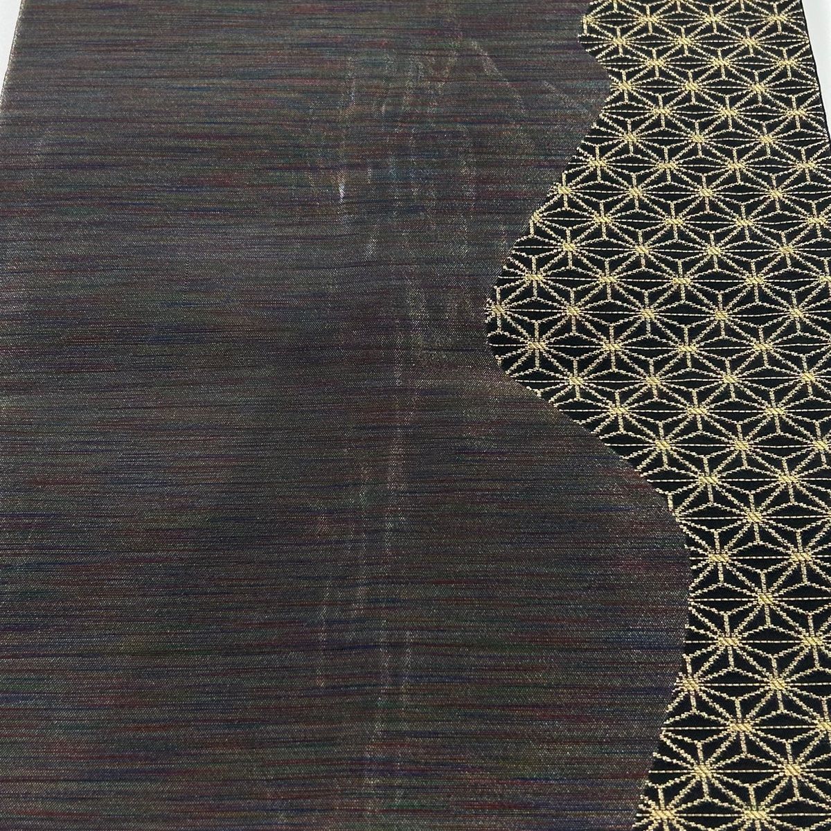 袋帯 名品 斉藤三才 落款 麻の葉 金糸 箔 紫 六通 正絹 【中古