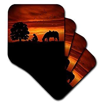 【中古】【輸入品・未使用】Doreen Erhardt Western???カウボーイCampfire with Horse on a hill at sunset has a Western feel。???コースター set-of-4-Soft cst_1