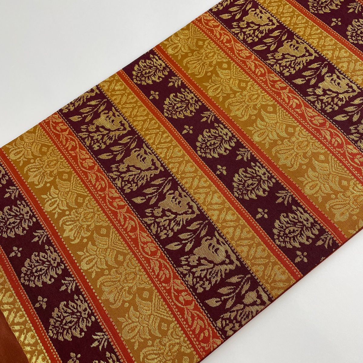 袋帯 美品 秀品 正倉院裂文錦 花兎 段縞 箔