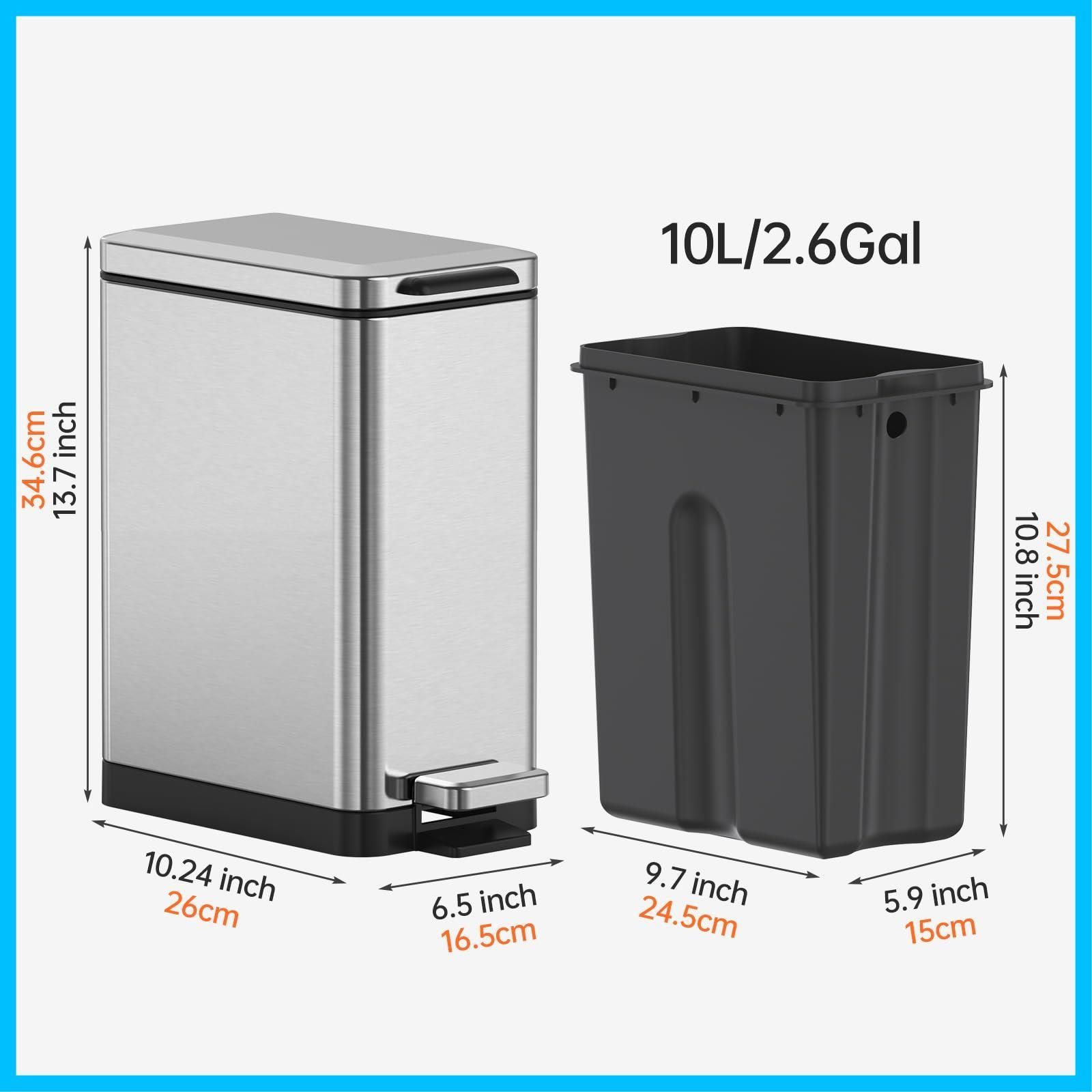 10リットル バスルーム ゴミ箱 ゴミ箱 消臭 ダストボックス ステンレス 生ゴミ ゴミ箱 ごみ箱 インナーバケット付き ペダル式 密閉 音無し スリム キッチン 室内 おしゃれ リビング オフィス Mbillion シルバー