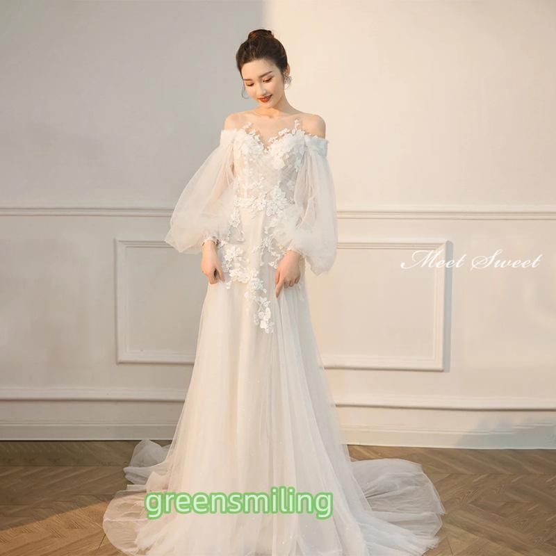 ウェディングドレス ウエディングドレス 二次会 結婚式 前撮り ブライダル ロングドレス 花嫁 スレンダードレス スレンダーラインドレス 長袖 オフショルダー