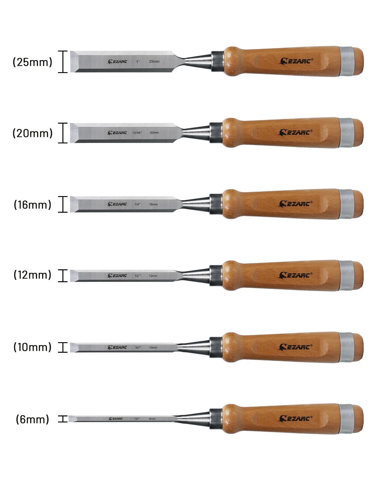 【特価商品】EZARC のみ セット 6本組 木工用 6/10/12/16/20/25mm 切れ味抜群 プロ仕様 ブナ材ハンドル 大工道具 木箱入れ